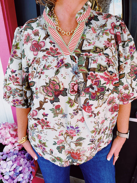Sage Floral Striped Trim Top