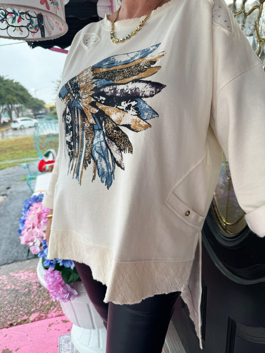 Feather Head White Fleece Top -OS