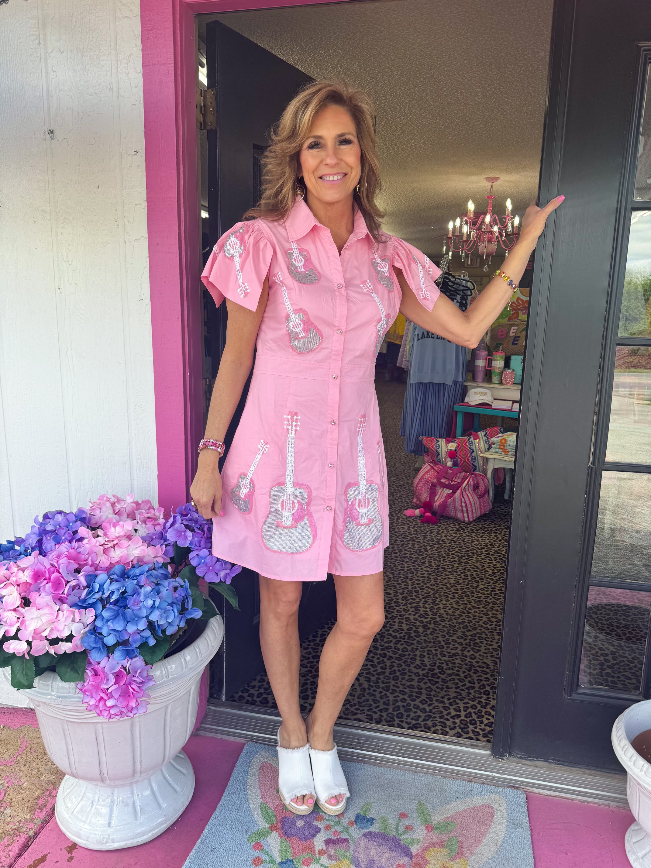 collared dress pink Pink Collared Button Front Self Tie Eyelet Midi Dress