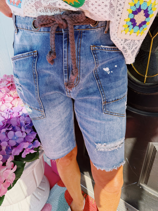Denim Washed Distressed Shorts