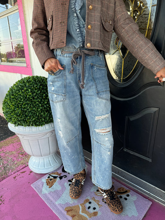 Washed Distressed Tie Jeans