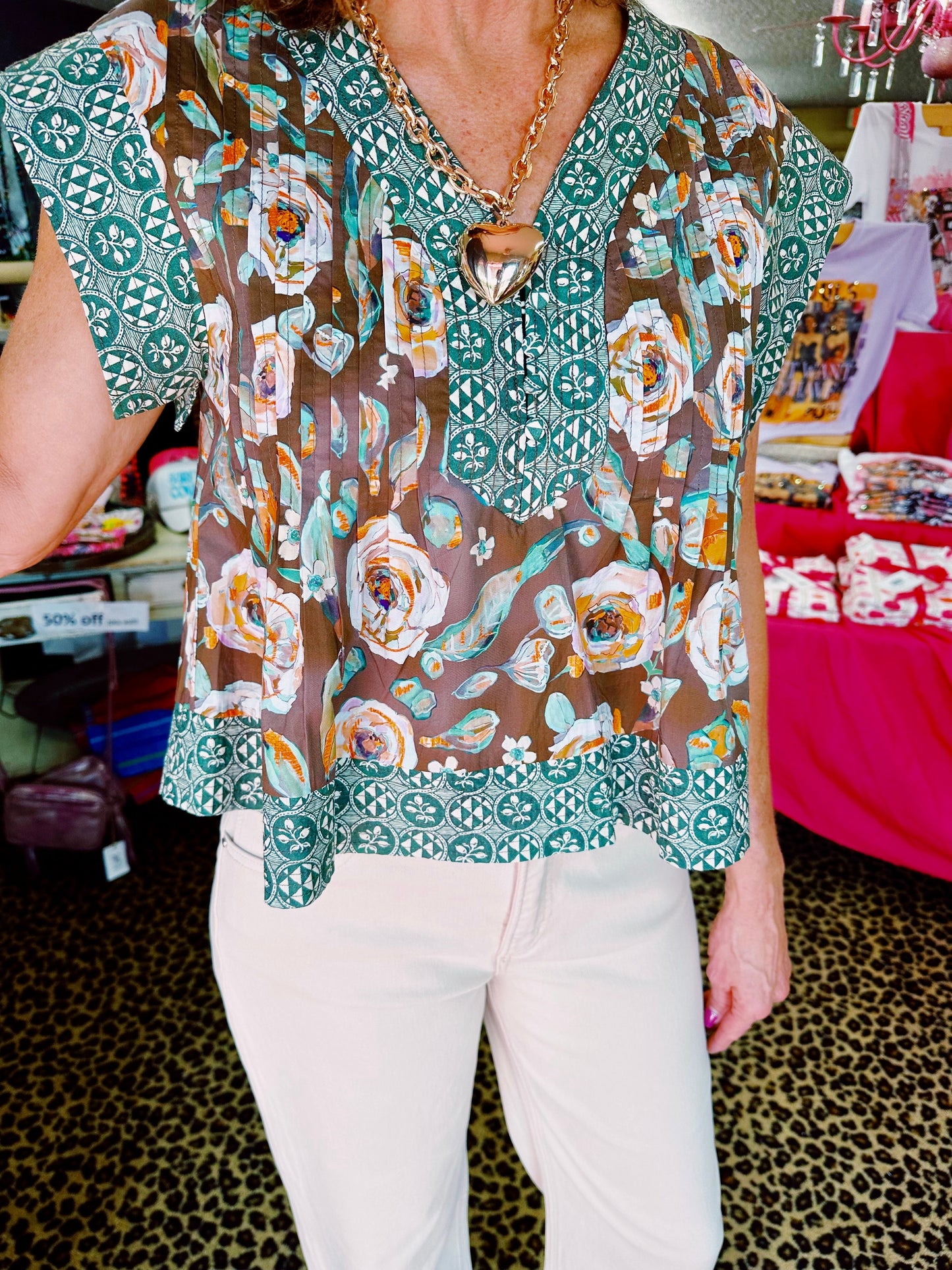 Brown Green Trim Pleated Top