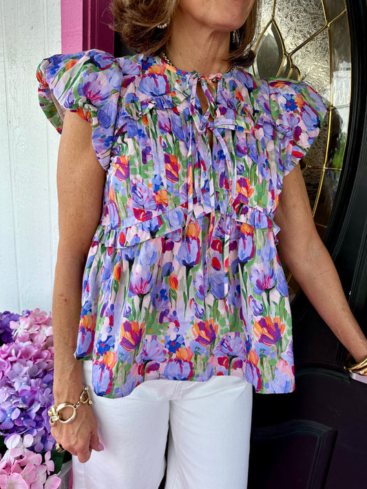 Purple Floral Front Bows Top
