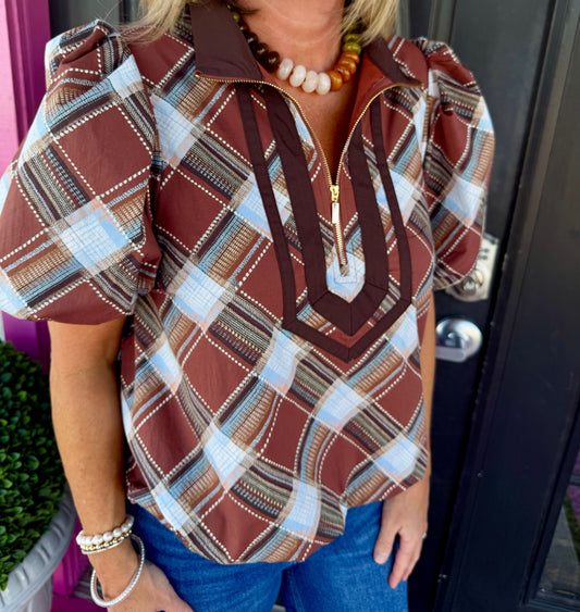 Brown/Blue Plaid SS Top
