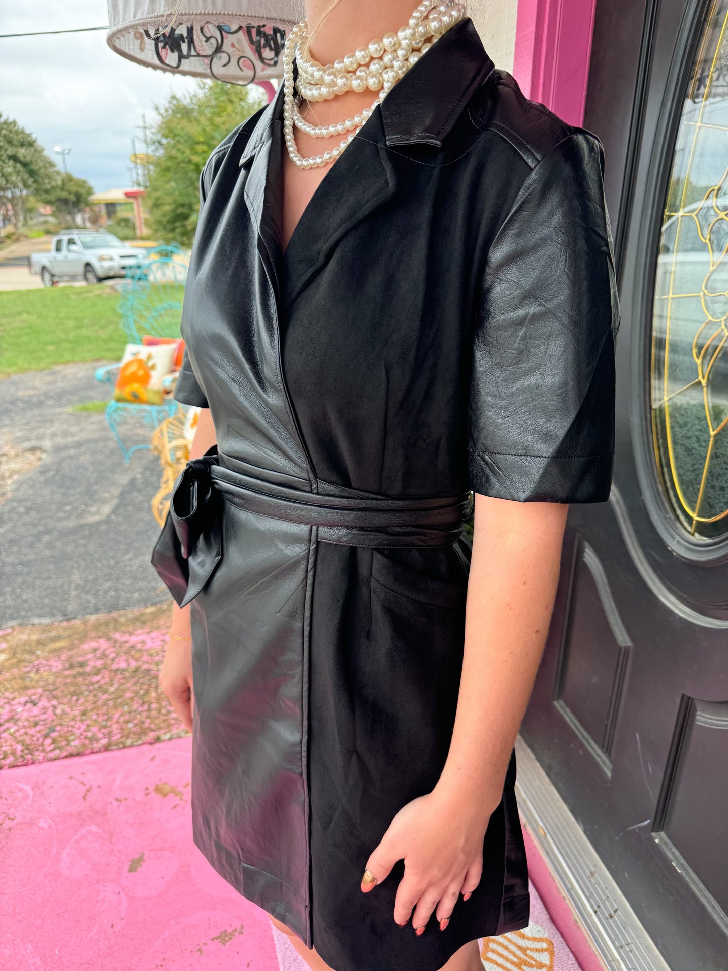 Black Pleather Collar Wrap Dress