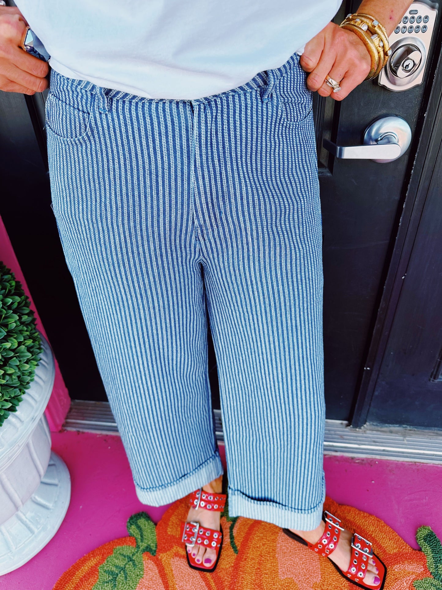 Denim Pinstriped W Leg Cuff Jean