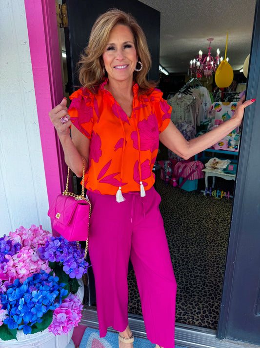 Orange Print Flutter Top