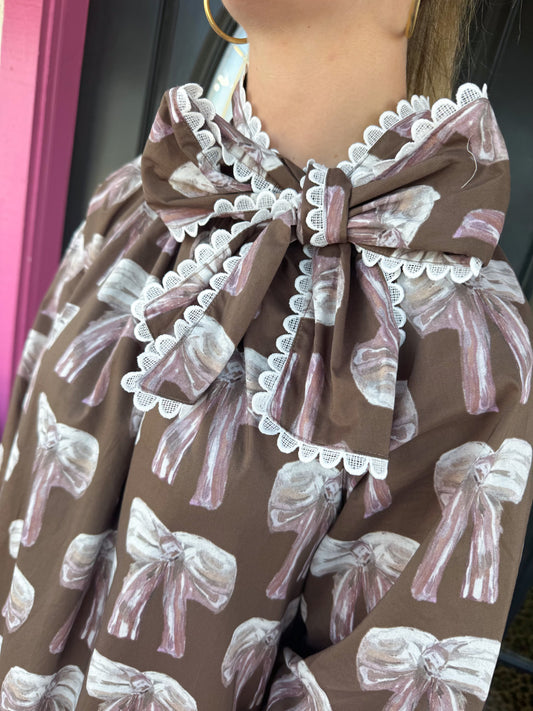 Brown Bow LS Tie Neck Dress