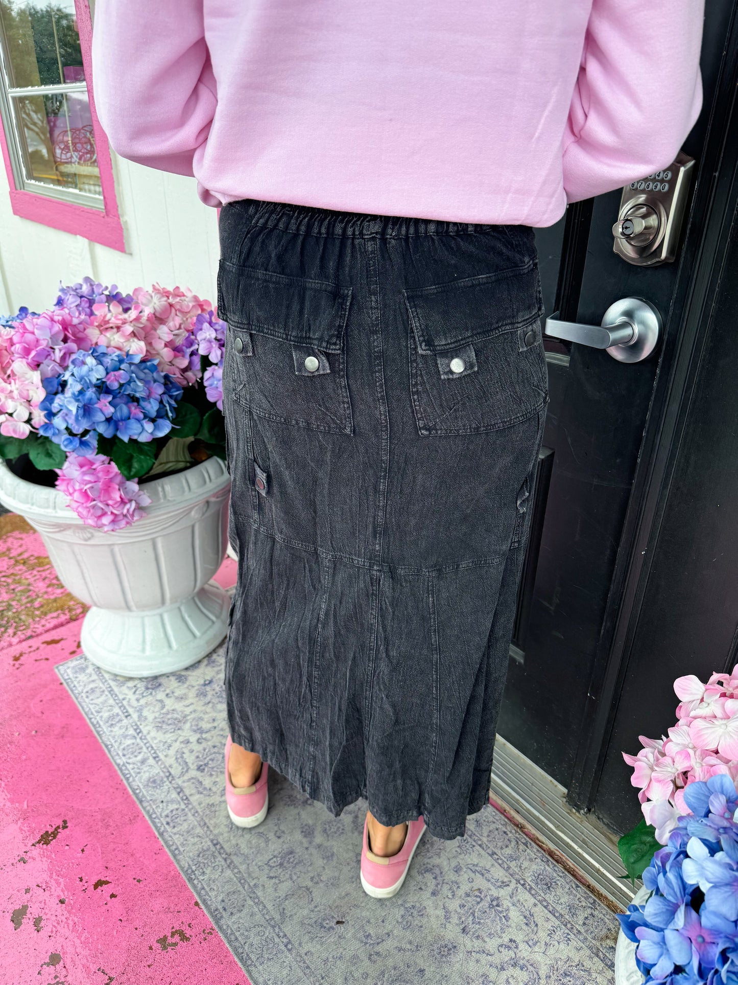 Black Washed Cargo Woven Skirt