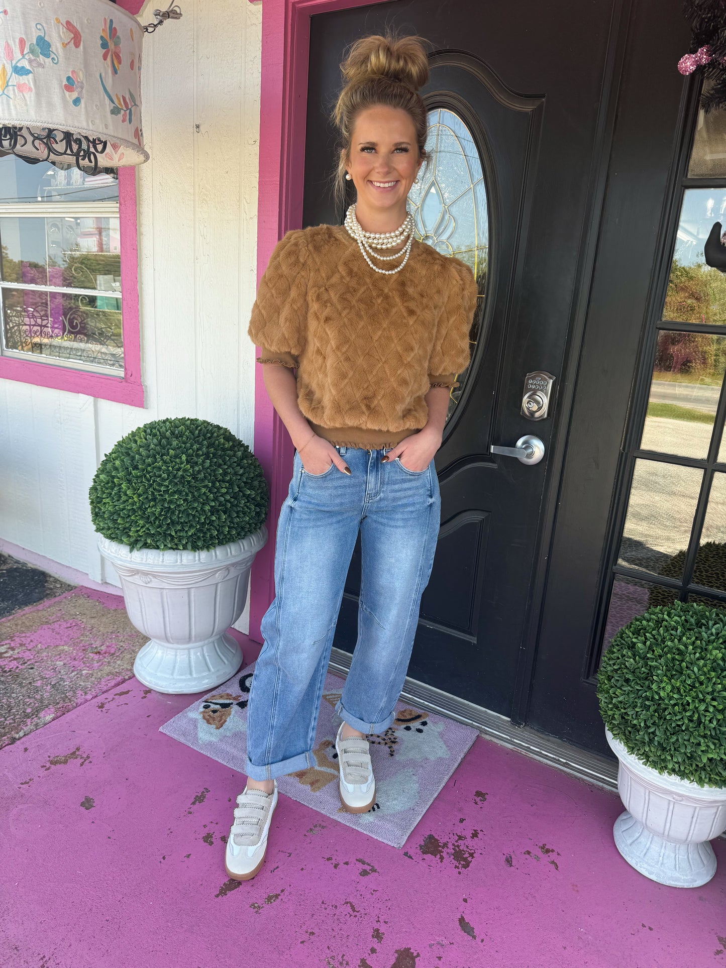 Taupe Fuzzy Quilted Fur Rib Band Top