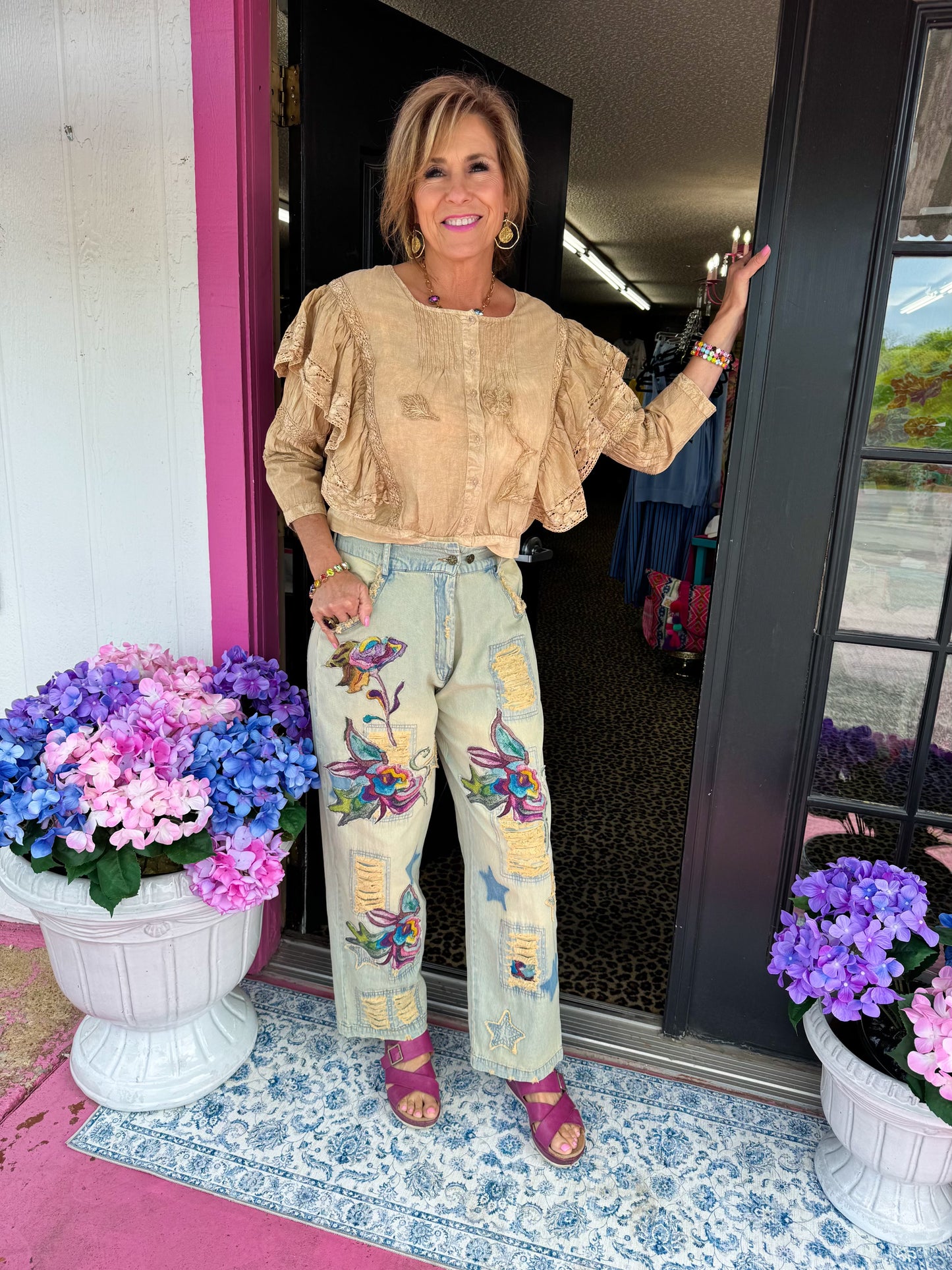 Natural Embroidered Ruffle Top