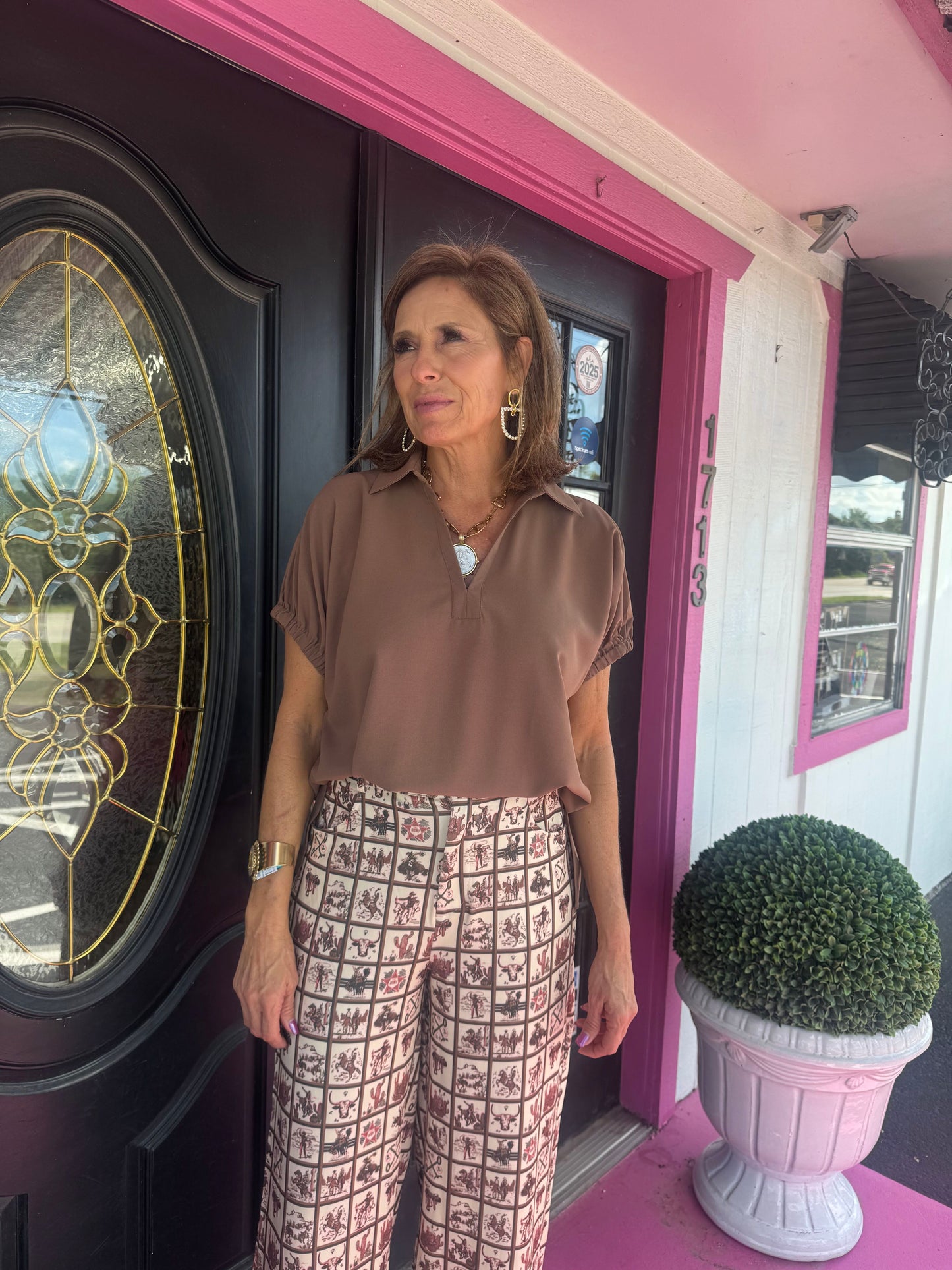 Mocha SS V-Neck Collar Top