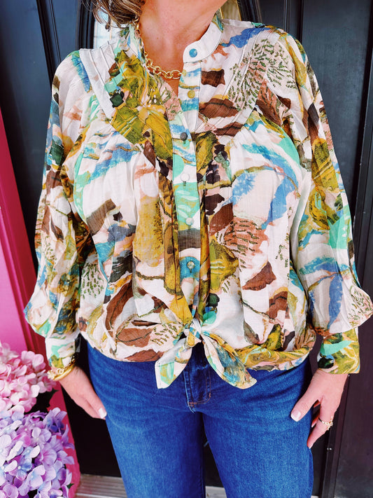 Ocean Mist Abstract Floral Blouse