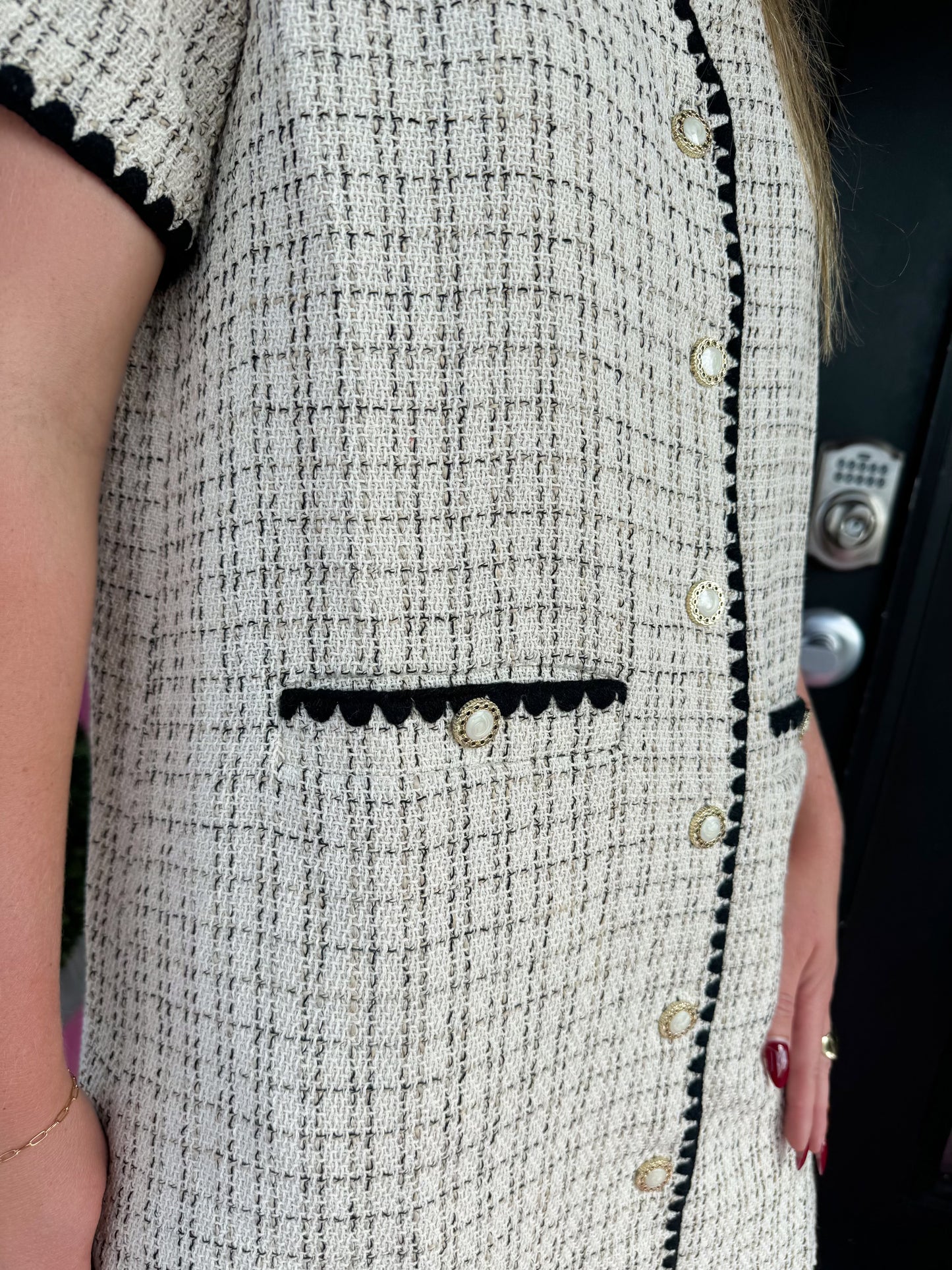 Ecru/Black Tweed Button Up Dress
