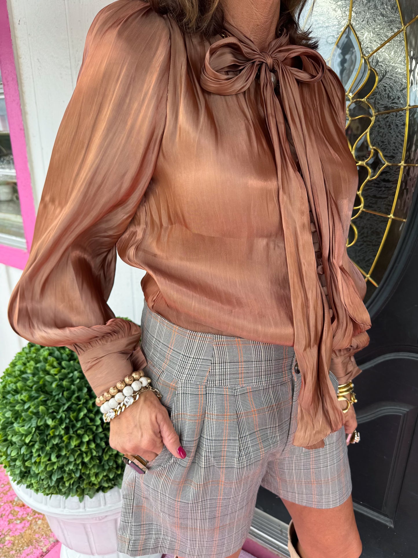 Coffee Stain Button Tie Blouse