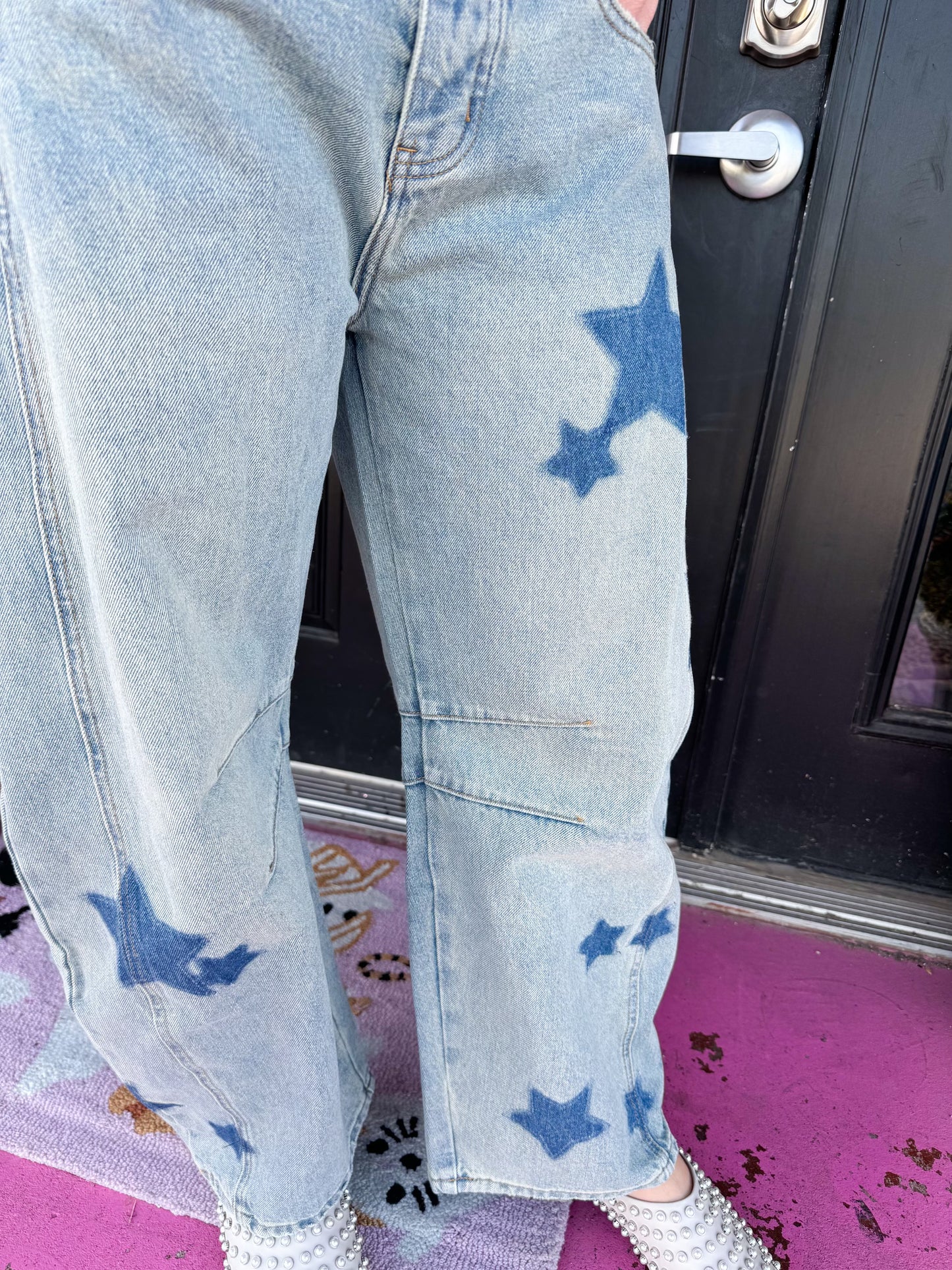Star Printed Denim Barrel Jeans