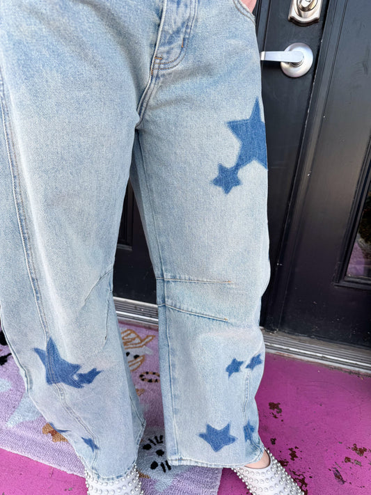 Star Printed Denim Barrel Jeans