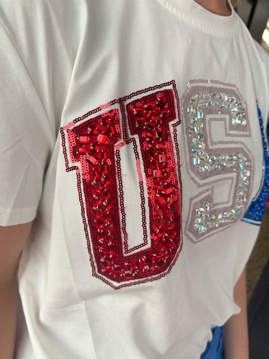 White Beaded USA Tee