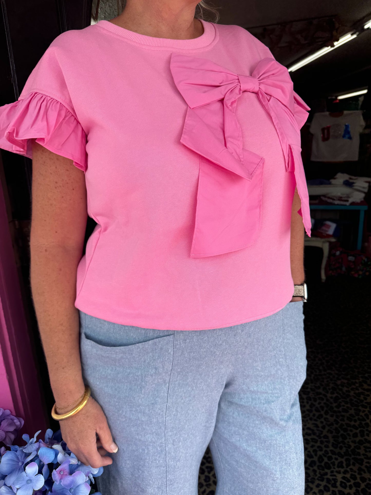 Pink Bow Ruffle Sleeve Top