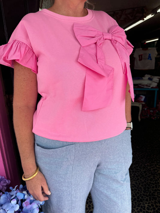 Pink Bow Ruffle Sleeve Top