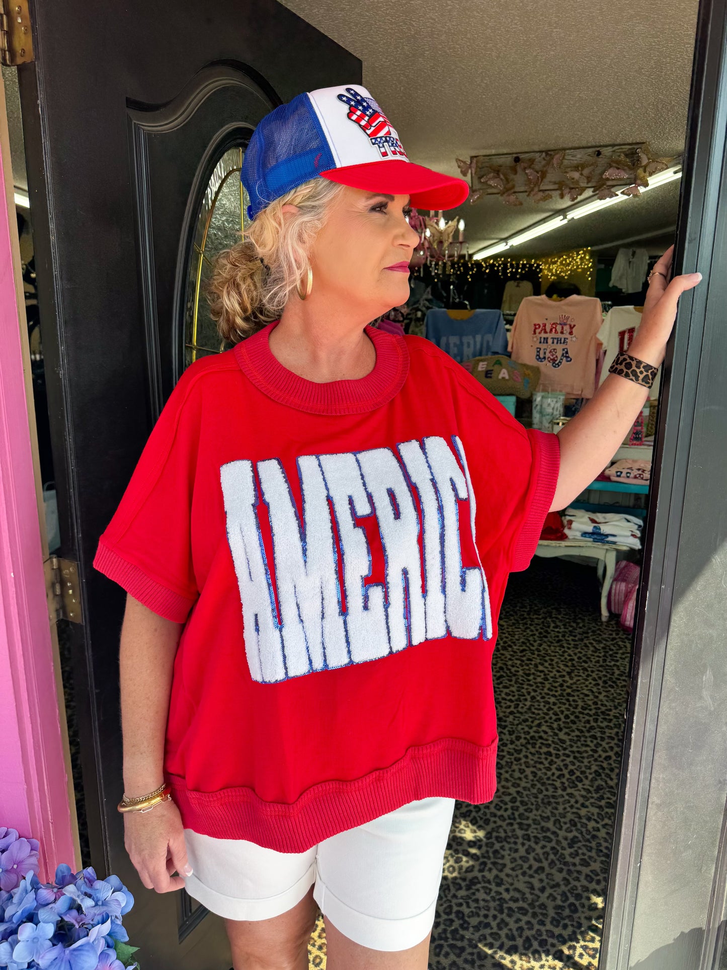 Red America Banded SS Top