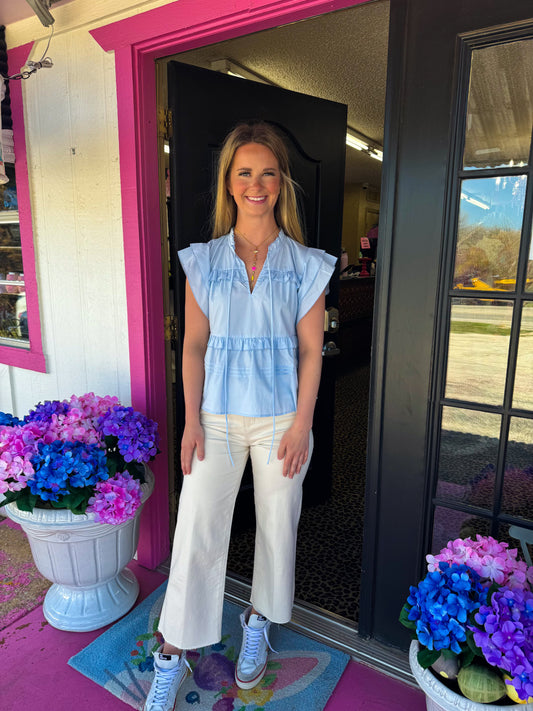 Blue Ruffle Woven Top