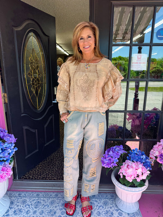 Natural LS Lace Banded Top