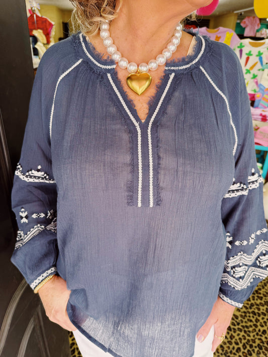 Blue Embroidered Raglan Top