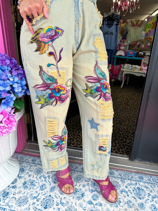 Flower Applique Vintage Blue Jeans