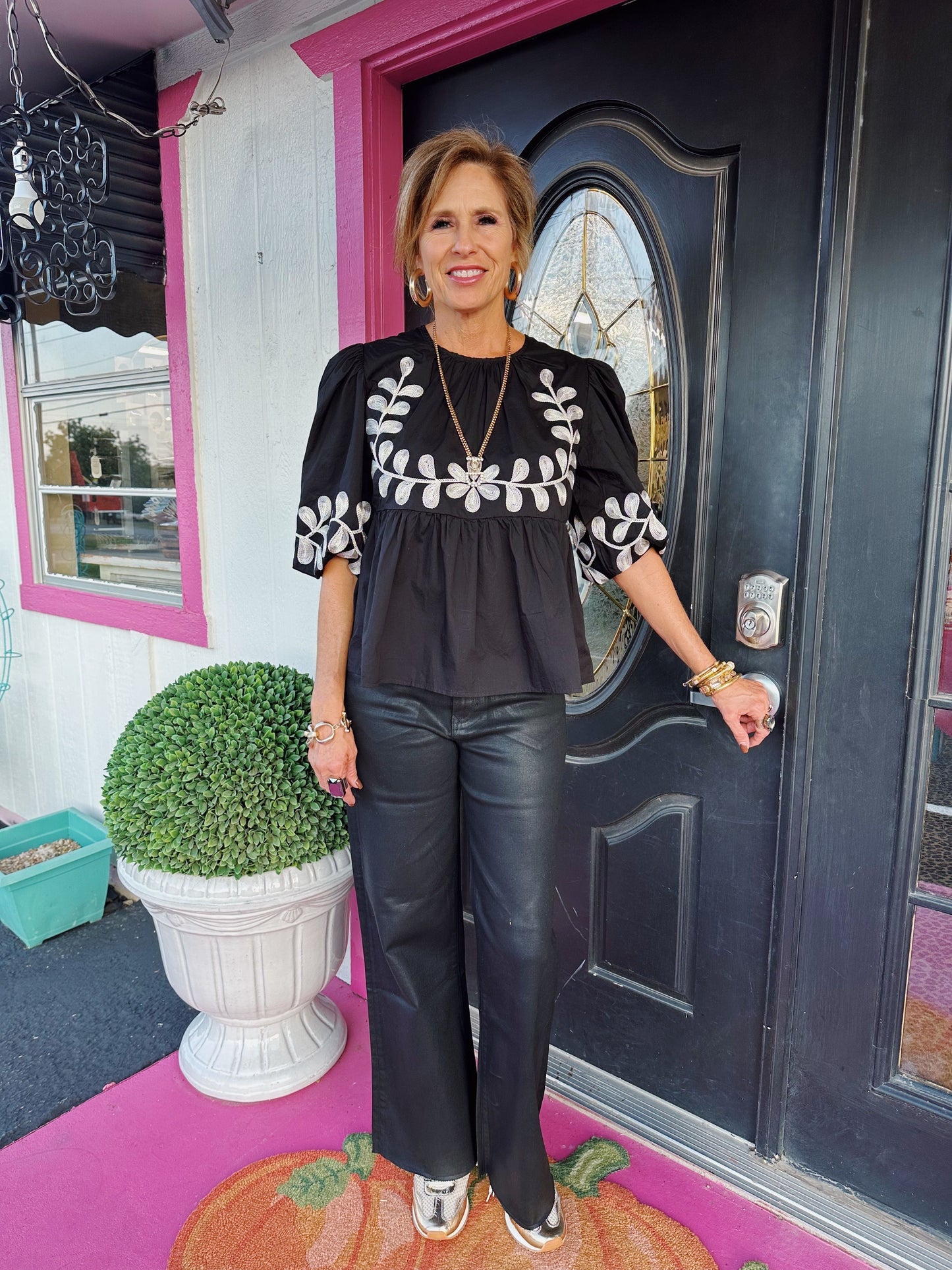 Paget Black White Emb Top