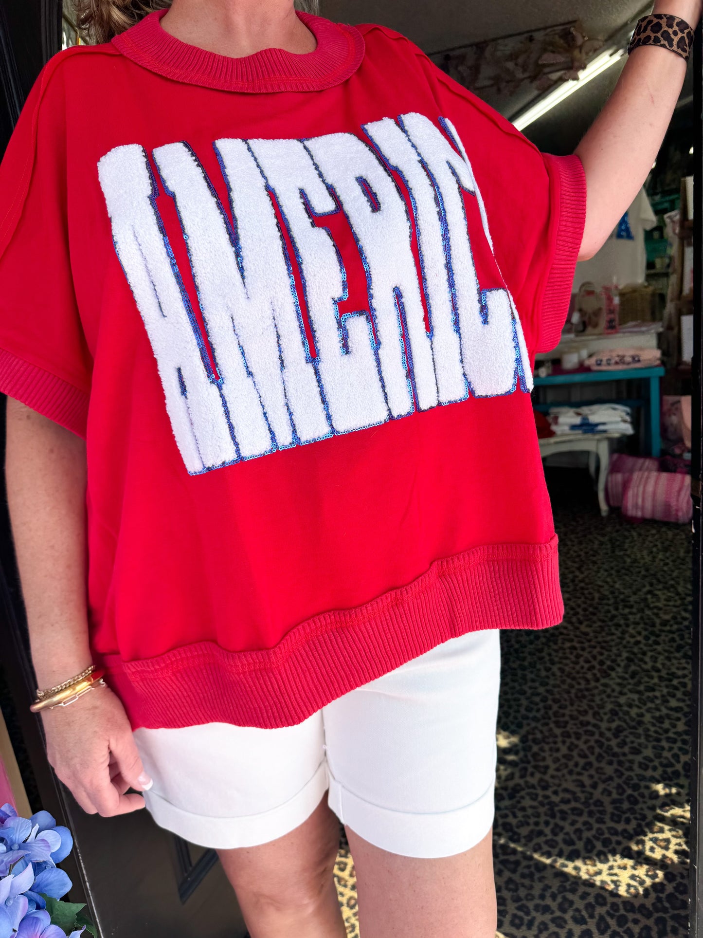 Red America Banded SS Top