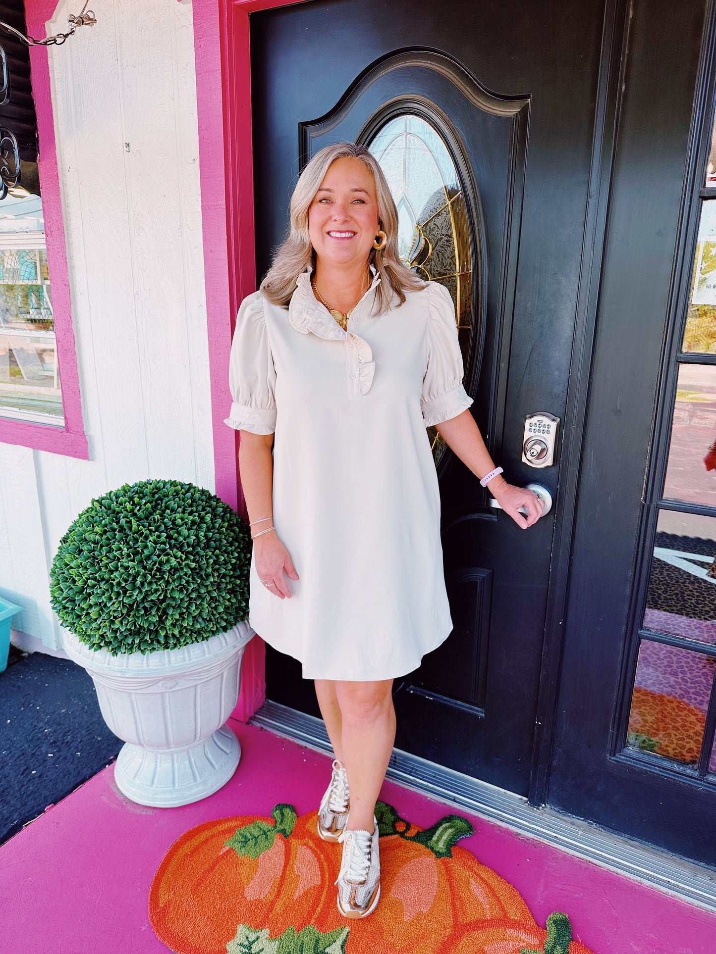 Cream Button Ruffle Collar Dress