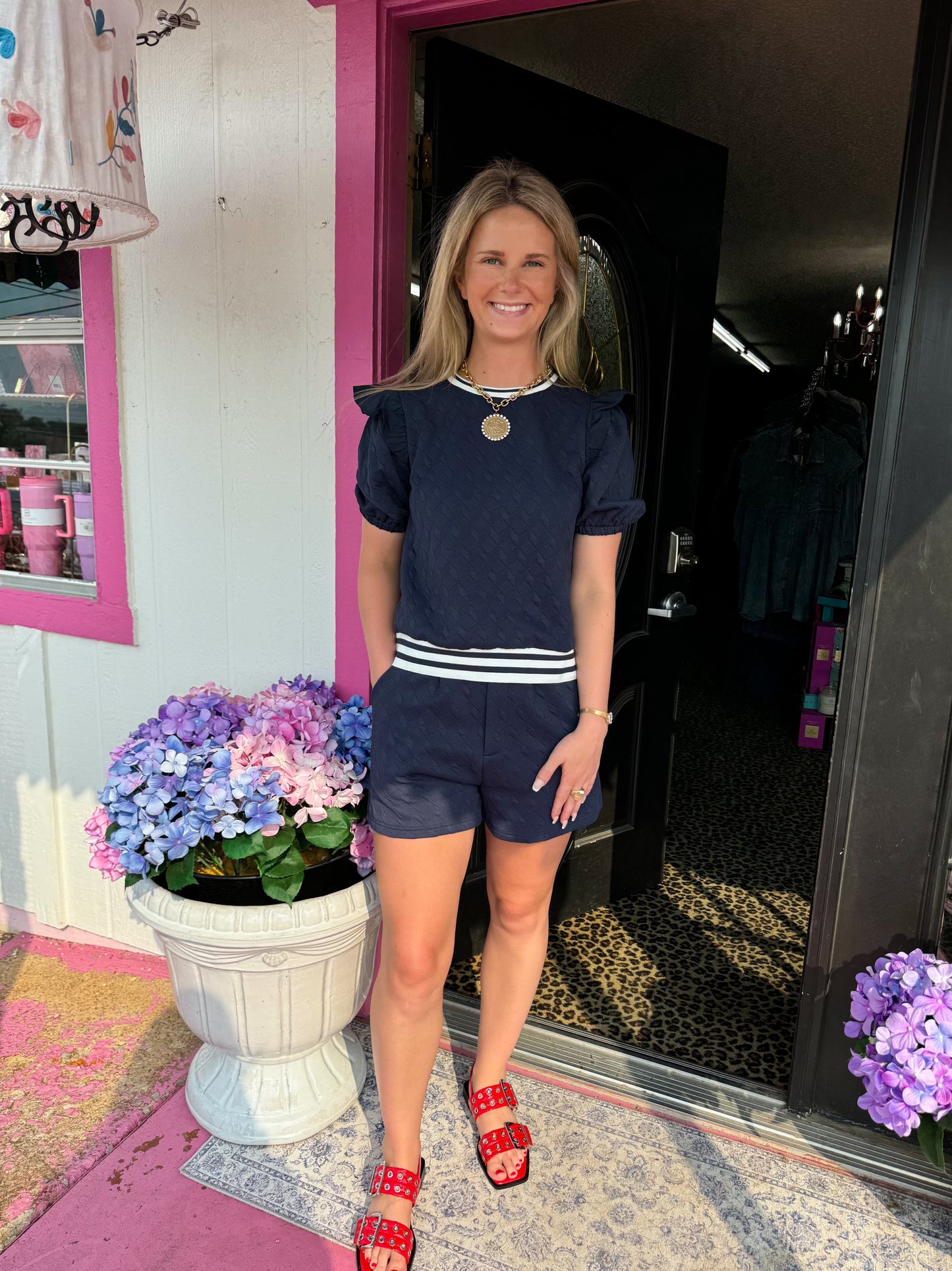 Navy Textured Short Set