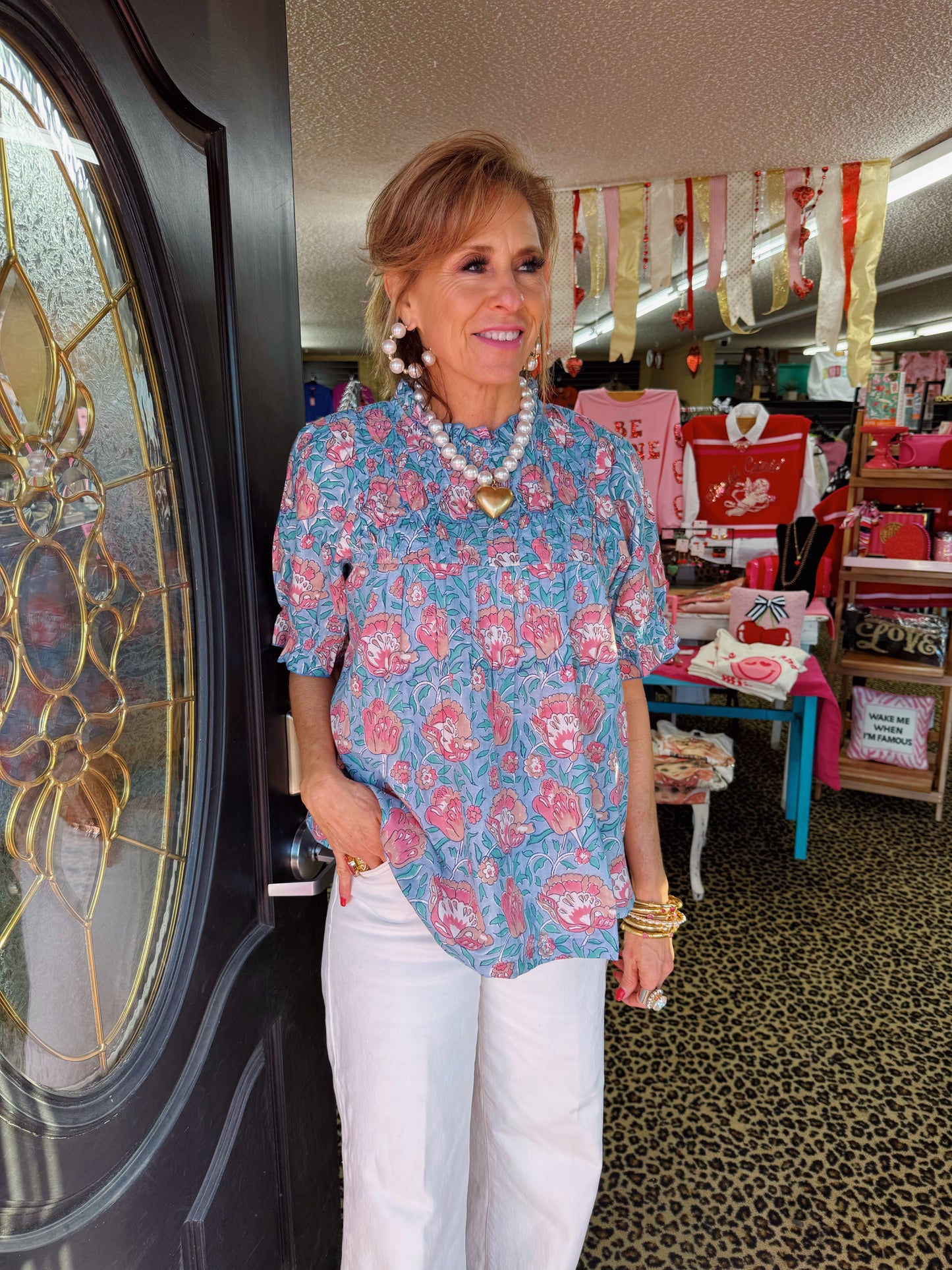 Blue Floral Smocked Yoke Top