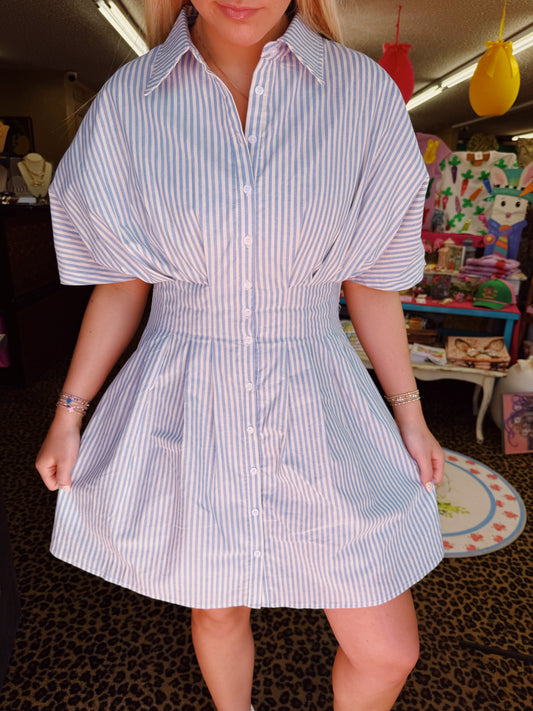 Blue Pleated Mini Shirt Dress