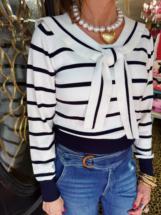 Navy Big Collar Stripe Sweater