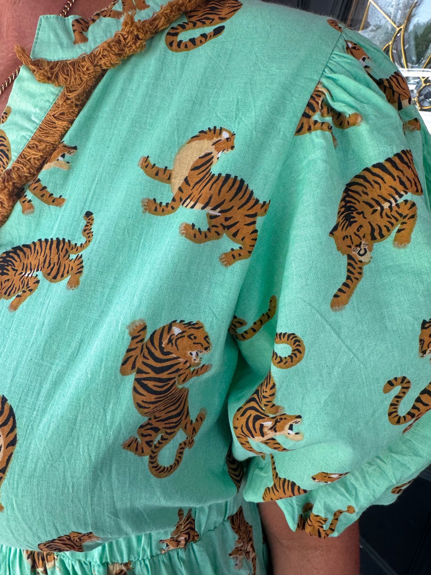 Mint Puff Sleeve Tiger Dress