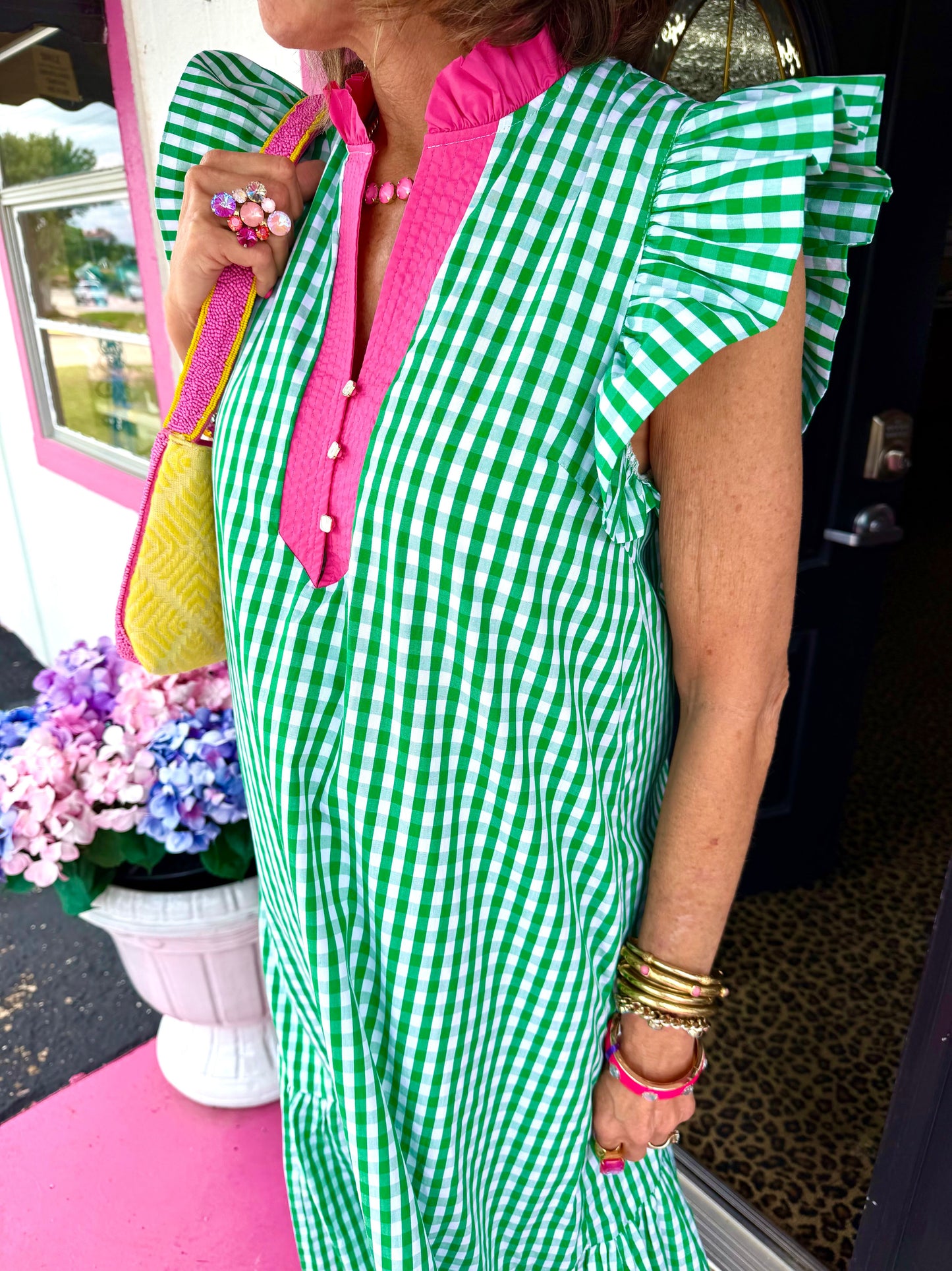 Green Gingham Pink Trim Maxi