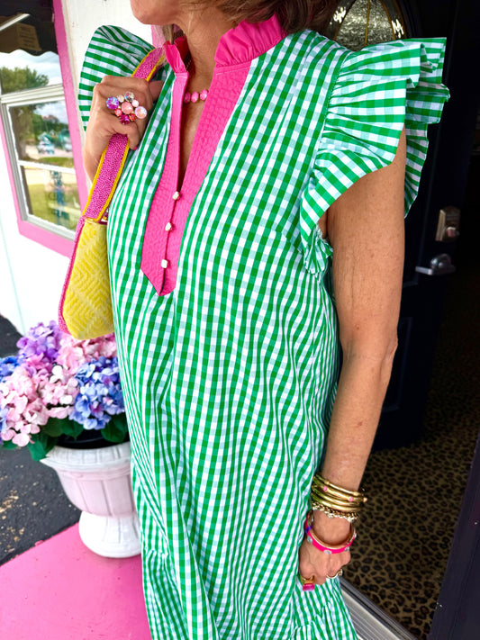 Green Gingham Pink Trim Maxi