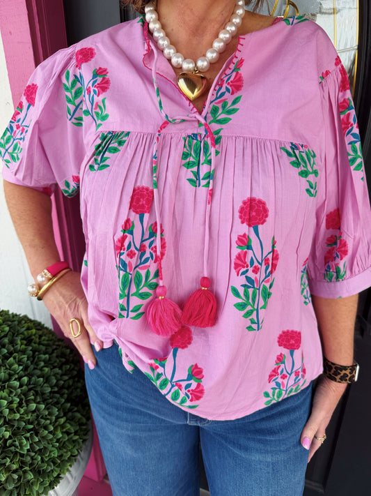 Pink Floral Tassel Tie Top