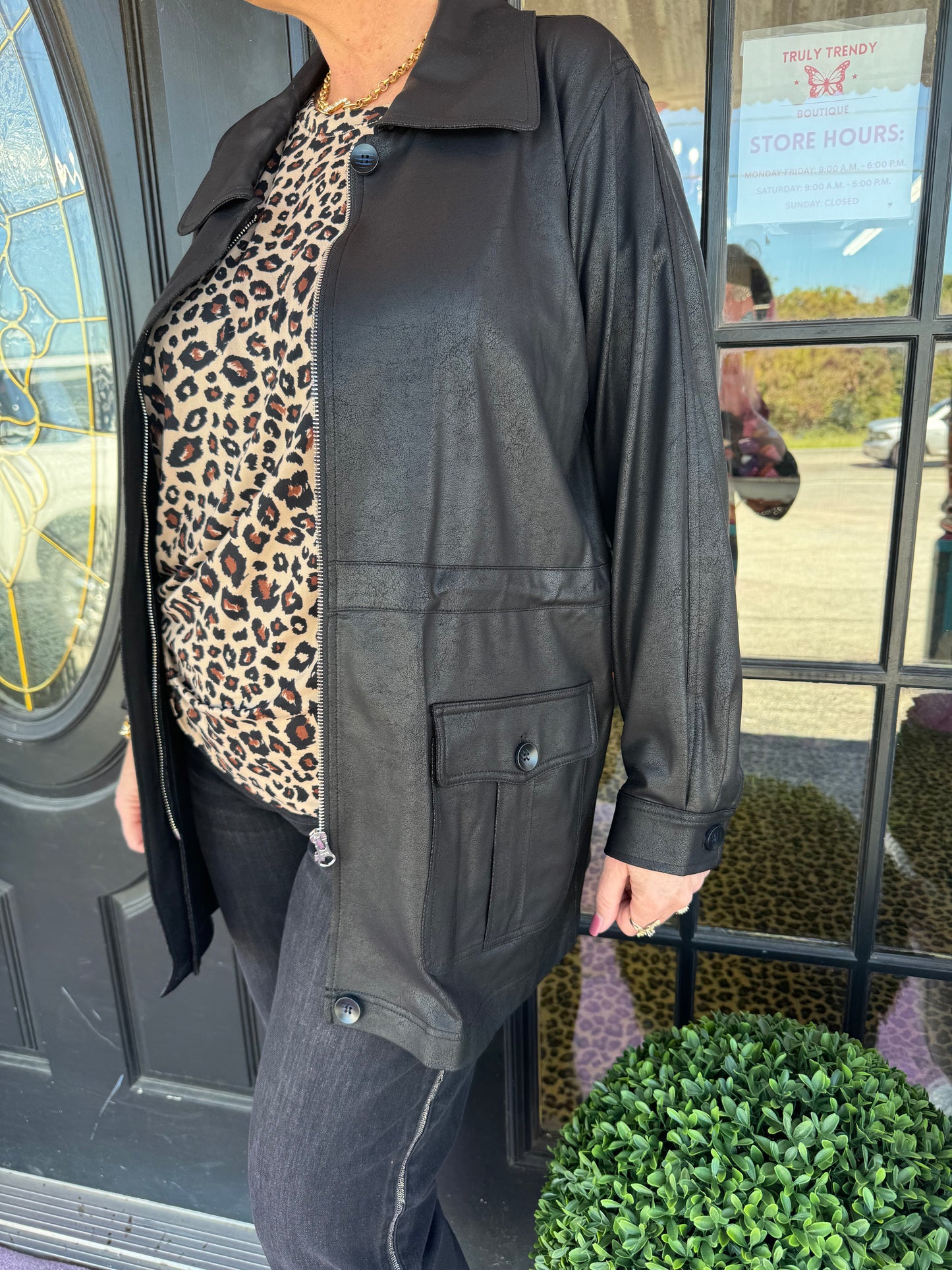 Black Liquid Leather Utility Jacket