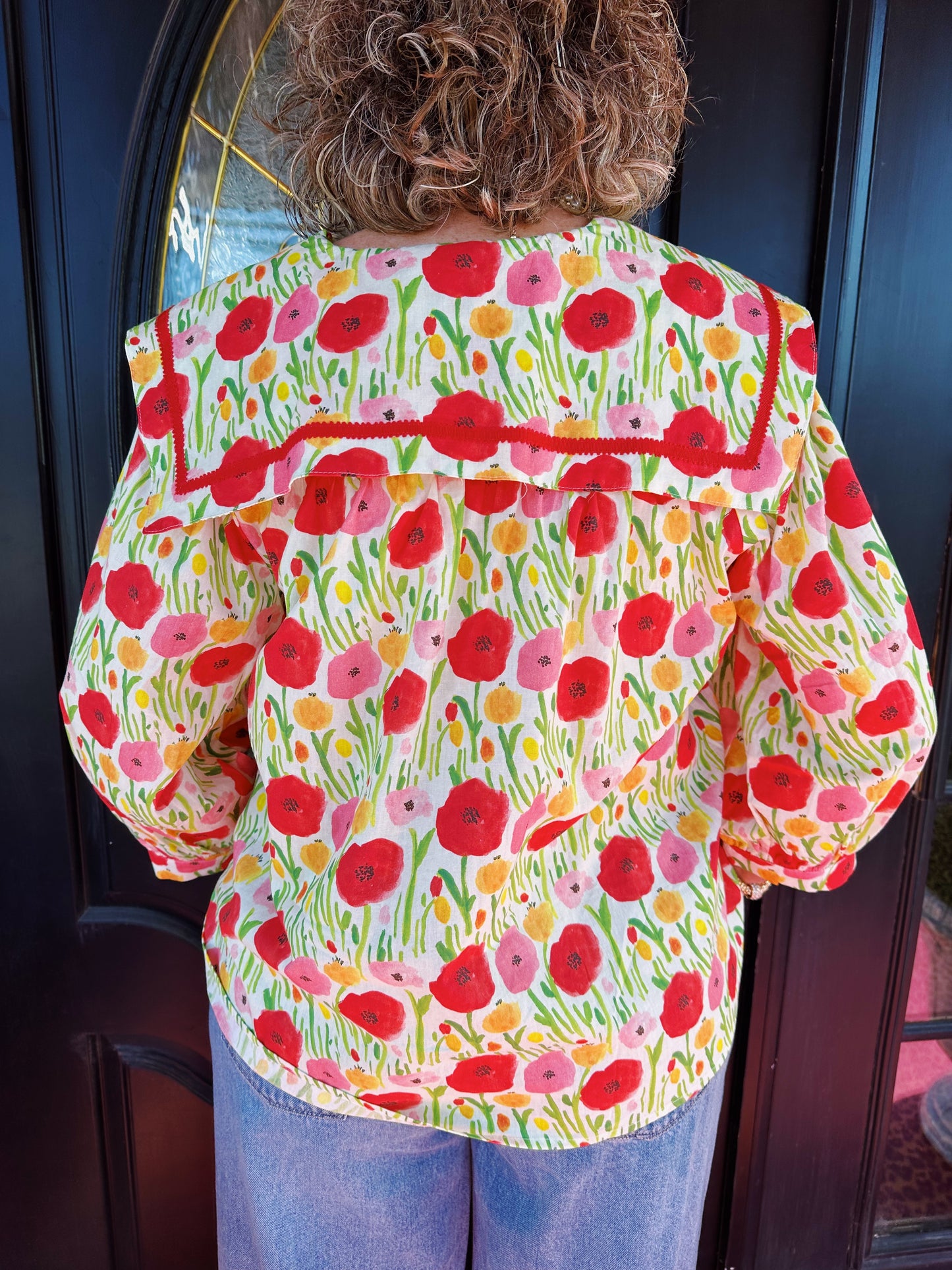 Red Floral Big Collar Top