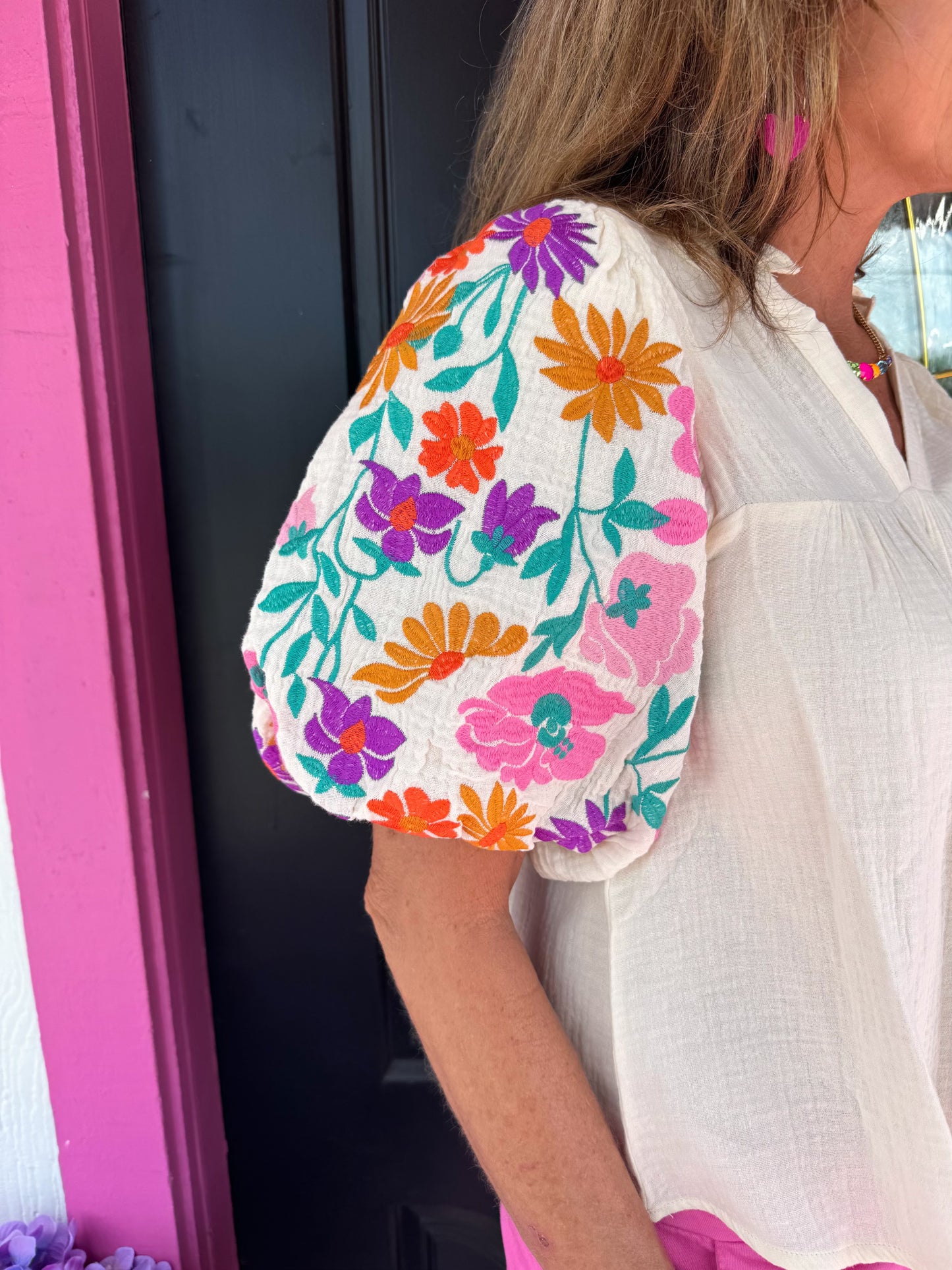 Cream with Puff Embroidered Top