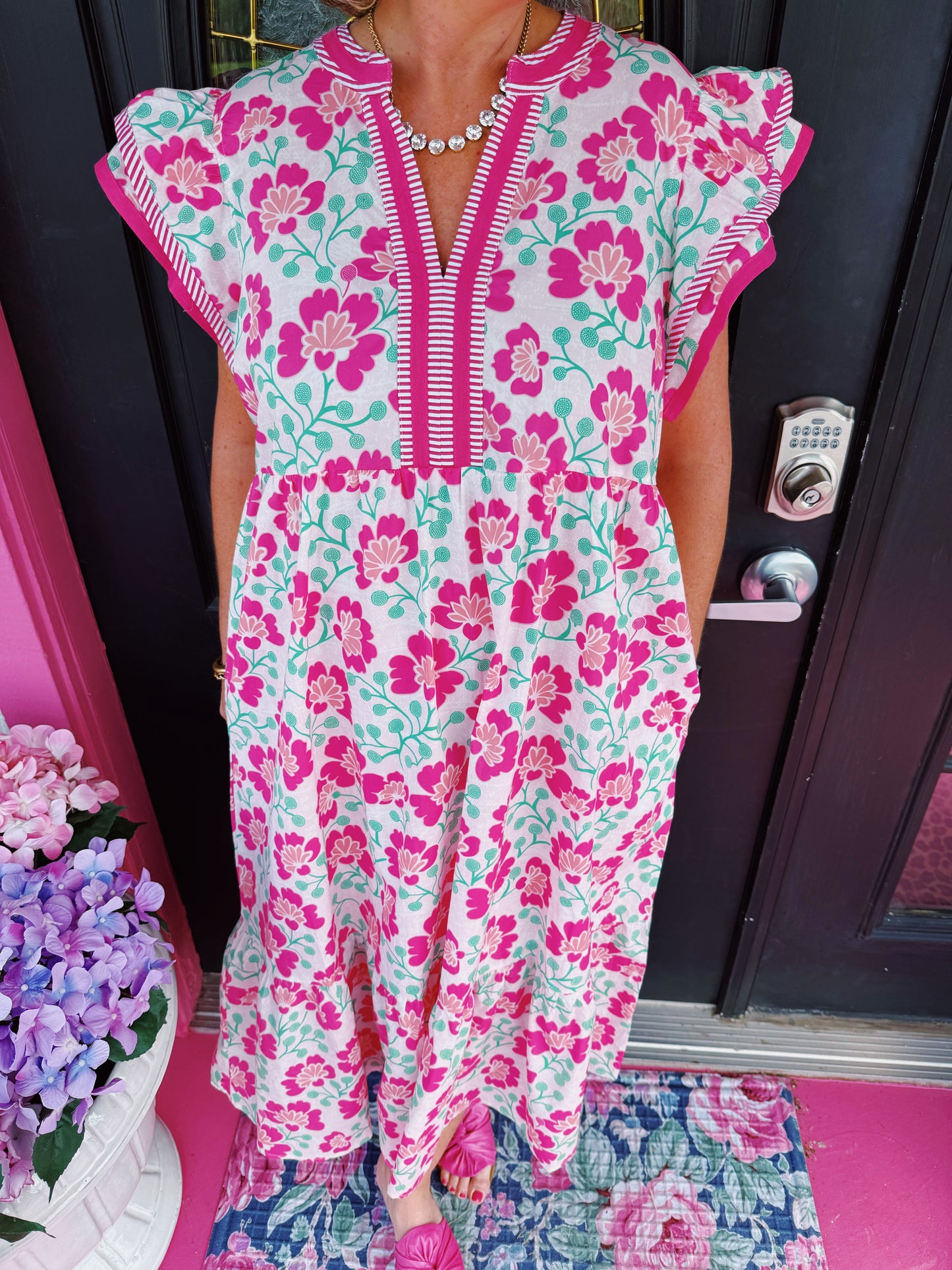 Pink Floral Stripe Accent Maxi