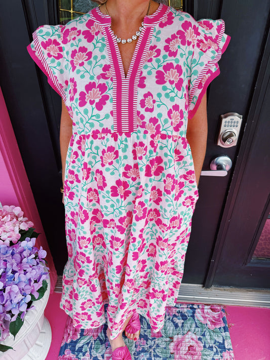 Pink Floral Stripe Accent Maxi