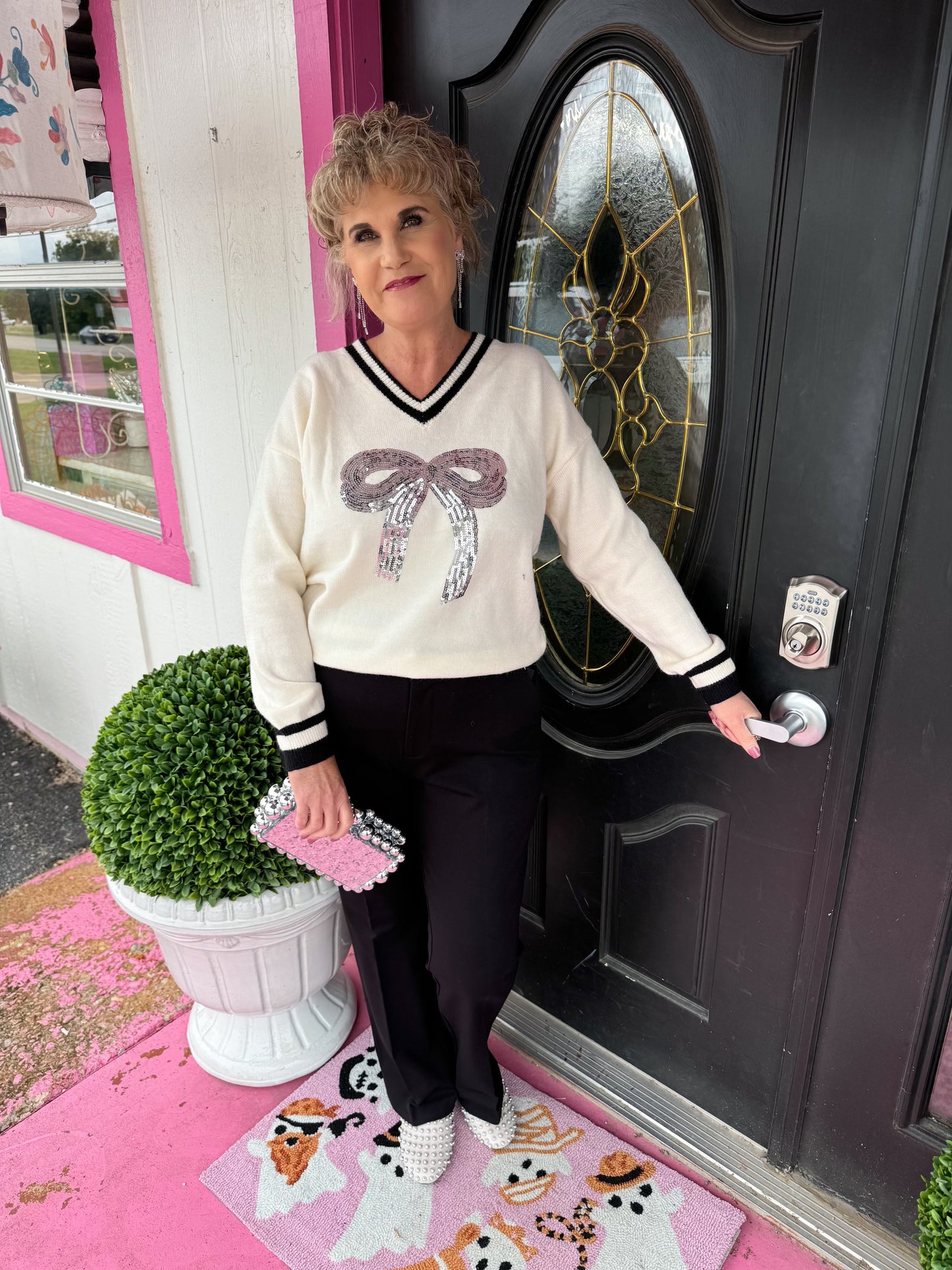 Beige Silver Sequin Bow Sweater