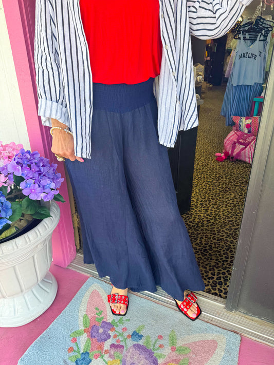 Navy Smocked Pant