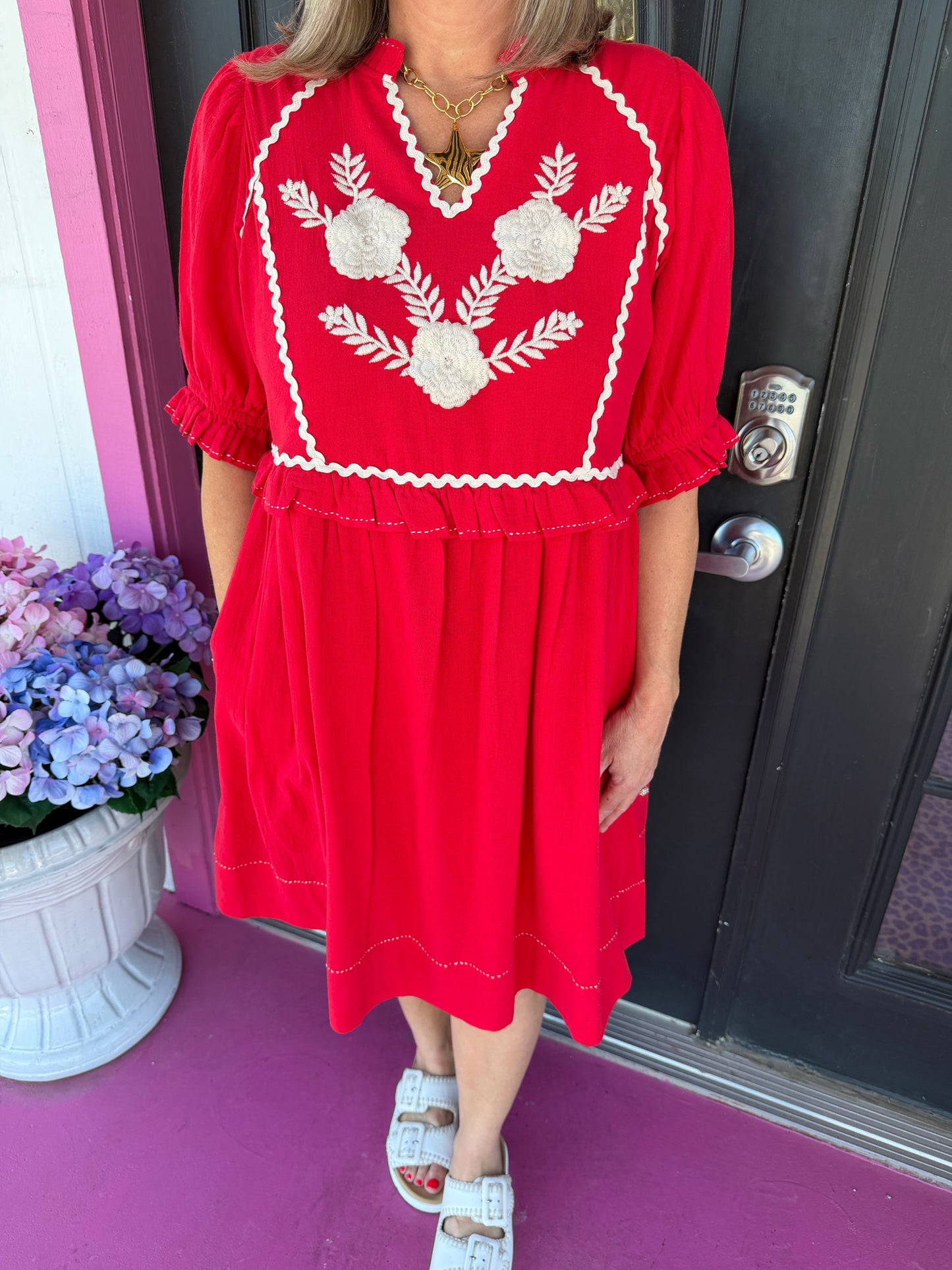 Talia Red Cream Embroidered Dress