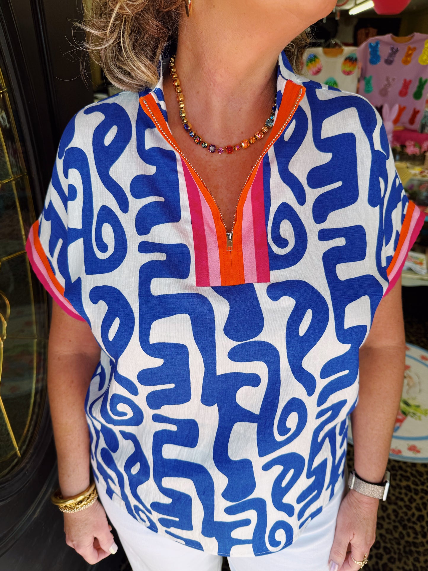 Blue Zip Pink Orange Trim Top