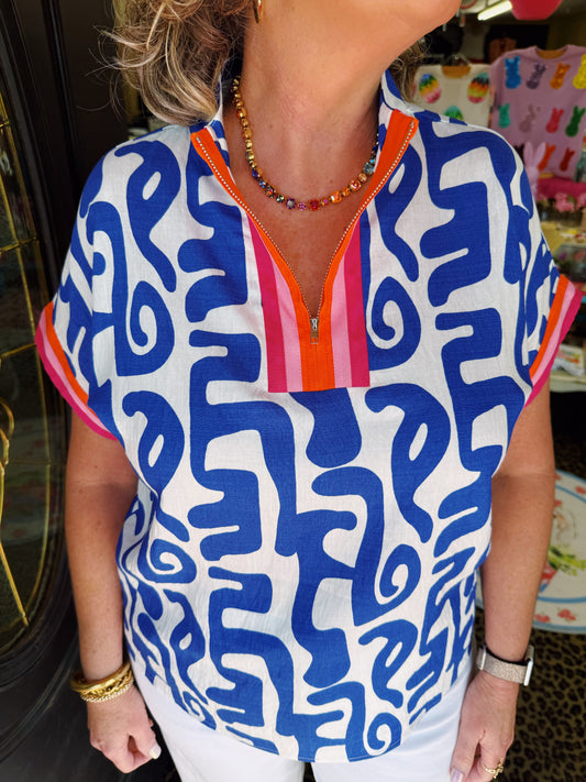 Blue Zip Pink Orange Trim Top